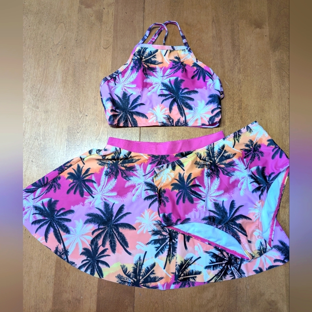 3/$14 Tropical Palm Tree Print Girls 3 Piece Bikini Set